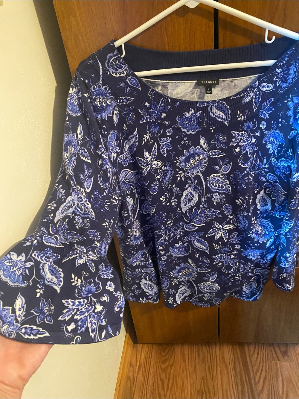 Talbots Blue Floral-Print Bell Sleeve Knit Top w/Ribbed Neckline-Lg. Whimsigoth